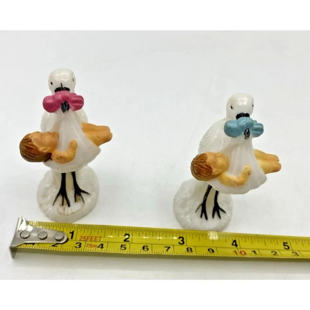 Pair of Vintage 1950s Stork Cake Toppers Pink Blue Celluloid Baby Shower
